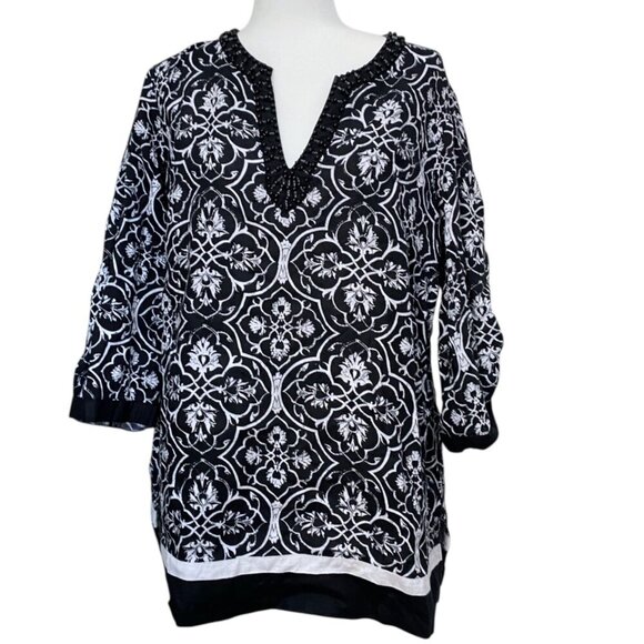 Style & Co. 100% Linen Tunic Tunic Top 16W | Beaded V-Neck Damask Print - Picture 1 of 4